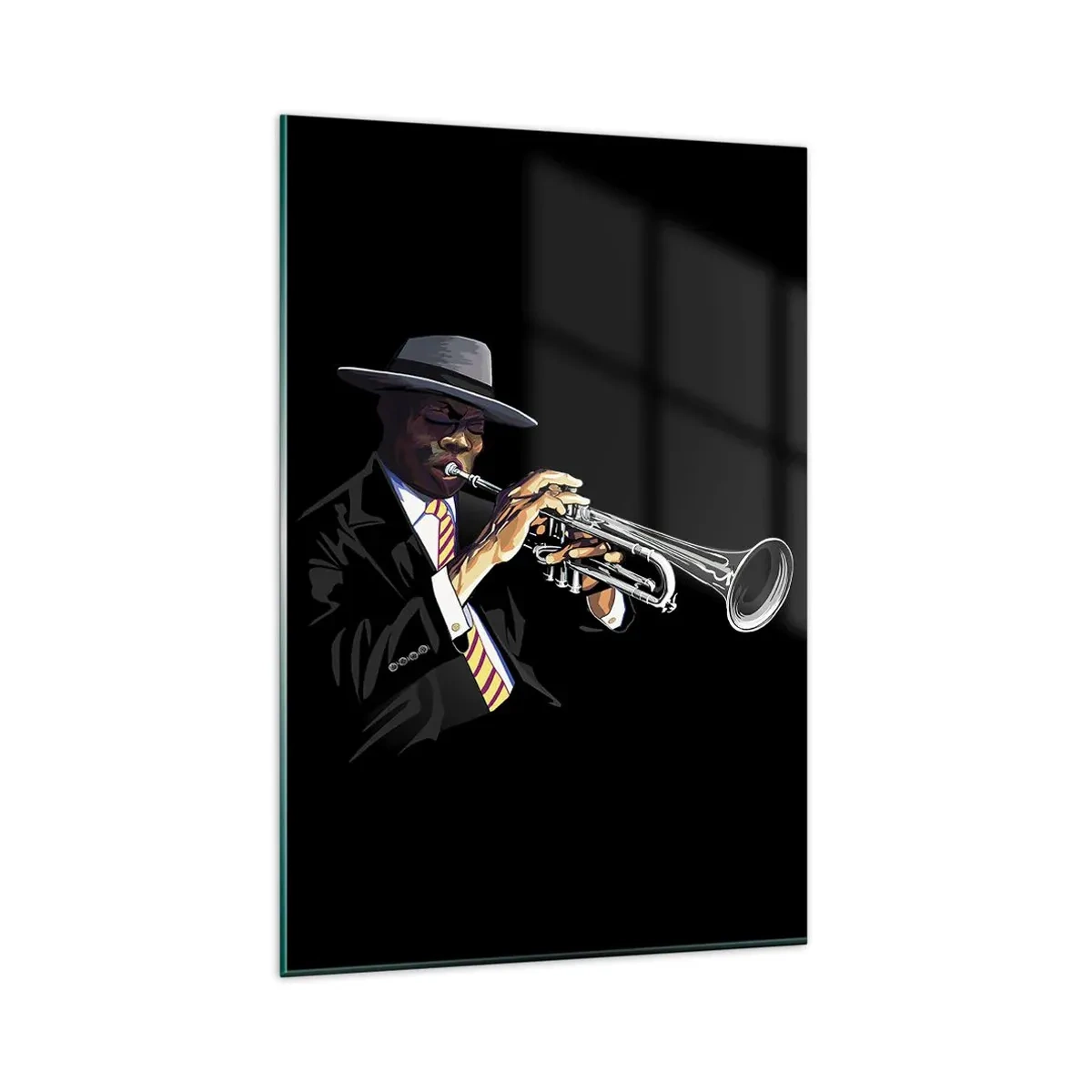 Impression sur verre - Image sur verre - Un musicien jouant de la trompette sur un fond noir - 80x120cm - Le charme de la vieille école - Décoration murale moderne pour le salon et la chambre ARTTOR