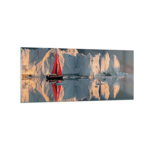 Impression sur verre - Image sur verre - Un voilier avec une voile rouge sur fond de glacier - 120x50cm - Aux limites du monde - Décoration murale moderne pour le salon et la chambre ARTTOR
