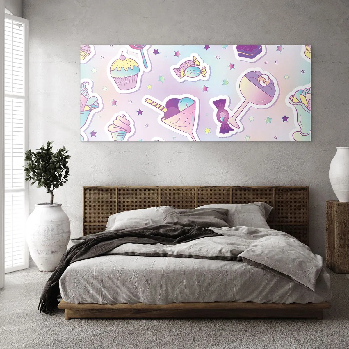 Impression sur verre - Image sur verre - Motifs pastel avec bonbons et desserts - 160x50cm - Pour que tous les jours soit un anniversaire  - Décoration murale moderne pour le salon et la chambre ARTTOR