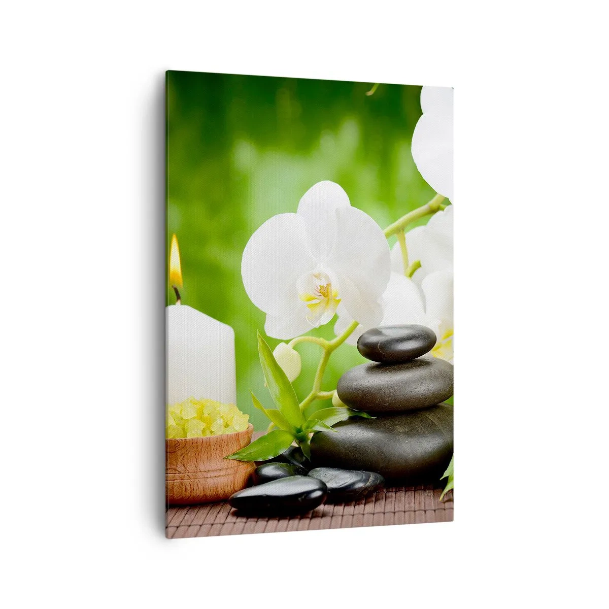 Impression sur toile - Image sur toile - Orchidées, bougies et pierres en pleine nature - 70x100cm - Doux, floral, toucher délicat - Décoration murale moderne pour le salon et la chambre ARTTOR