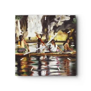 Horloge murale - Pendule murale - Femmes dans un bateau sur une rivière calme avec un arrière-plan pittoresque - 30x30cm - Dans un paradis polynésien - Décoration murale moderne pour le salon et la chambre ARTTOR