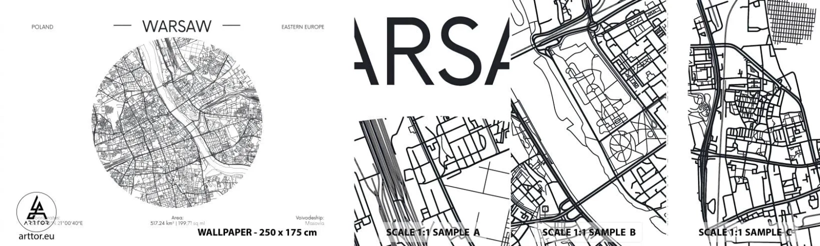 Échantillon De Papier Peint Standard Eco - Anatomie de Varsovie - Carte, Varsovie, Pologne - 100x30 cm