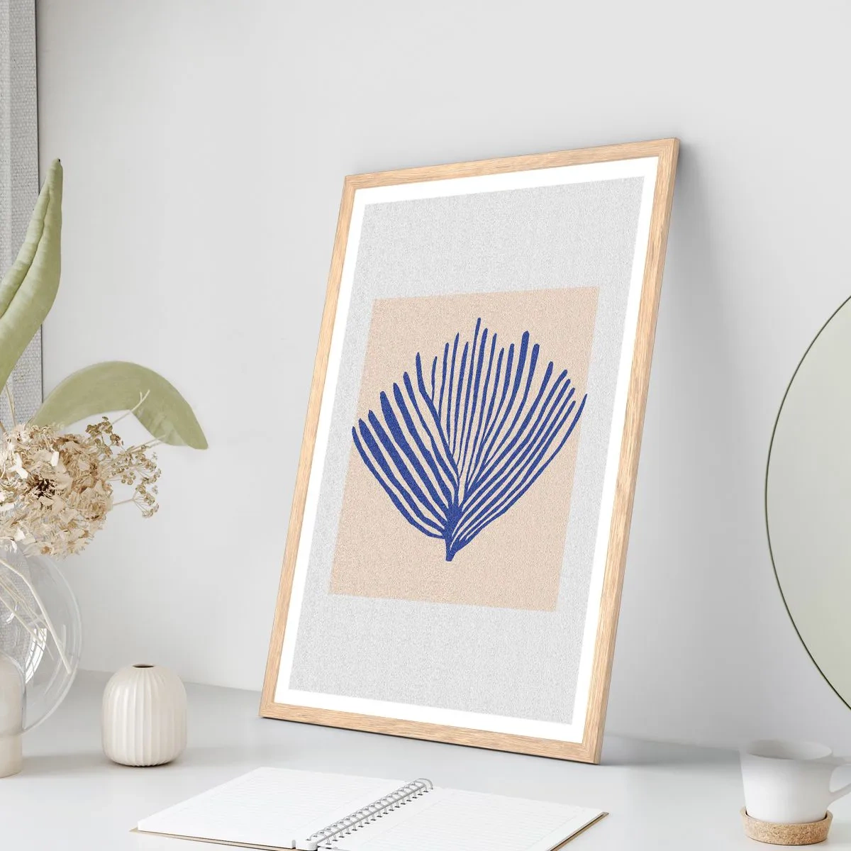 Affiche dans un chêne clair - Poster - Éventail bleu - 30x40 cm