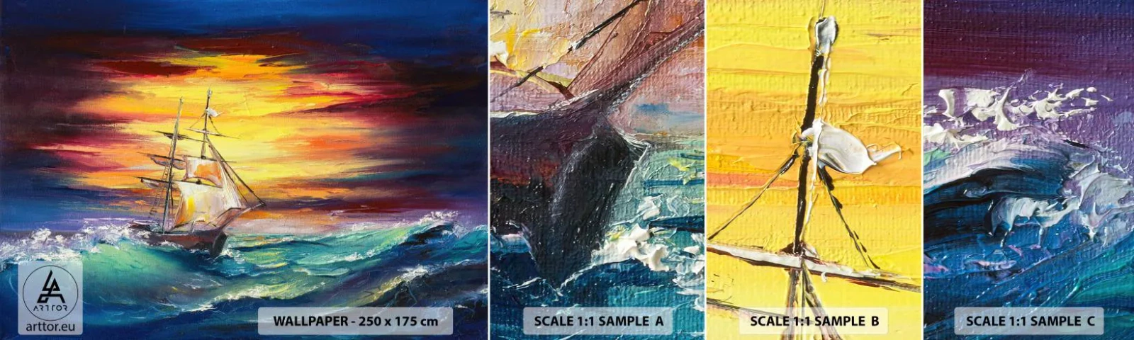 Échantillon De Papier Peint Standard Eco - Courageusement sous les vagues - Bateau à voile, Mer, Tempête - 100x30 cm