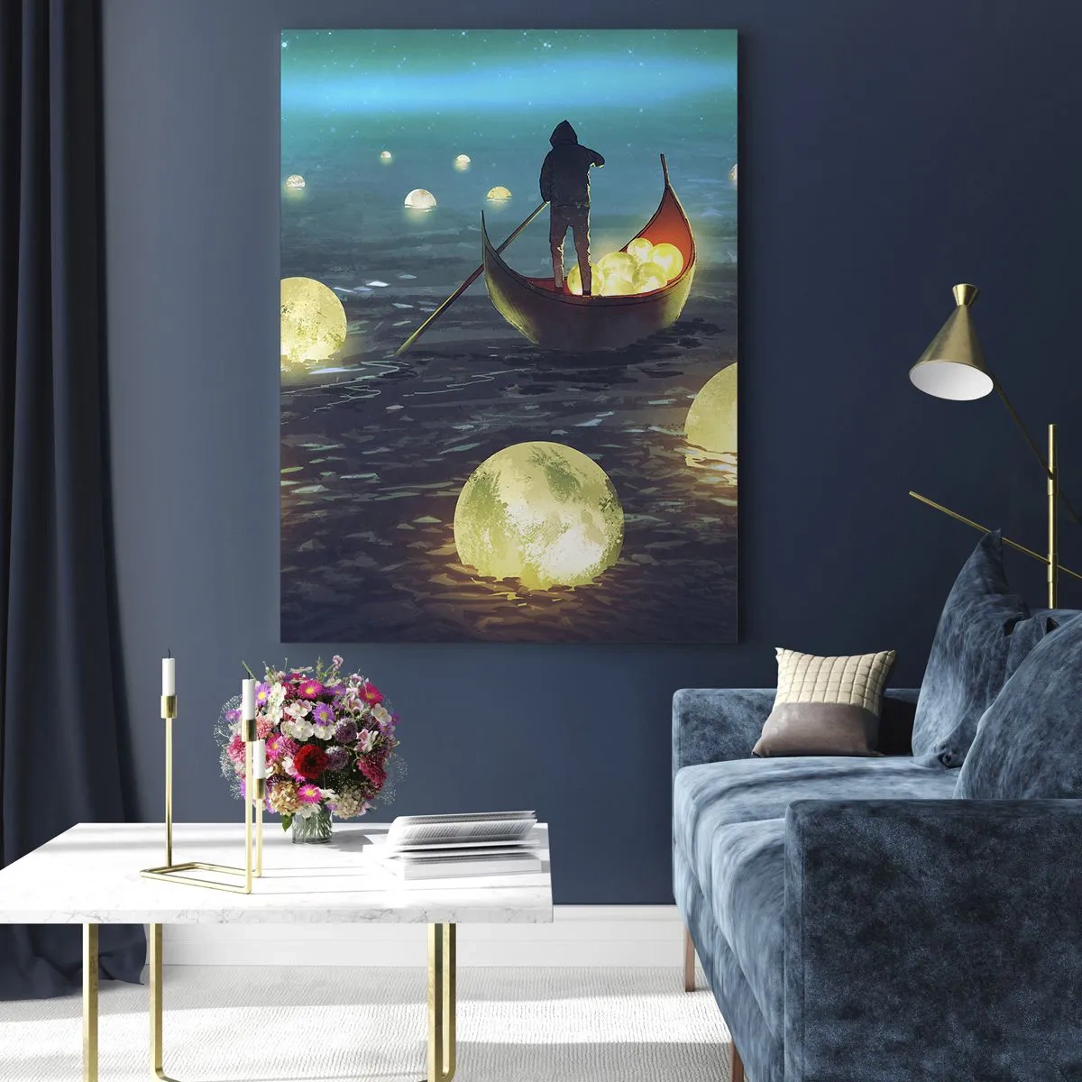 Impression sur verre - Image sur verre - Une silhouette dans un bateau entourée de boules lumineuses sur l'eau - 80x120cm - Des choses dont les philosophes n'ont jamais rêvé - Décoration murale moderne pour le salon et la chambre ARTTOR