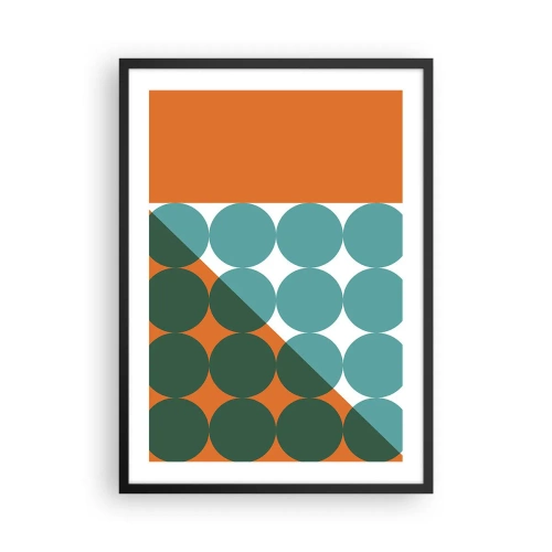 Affiche dans un cadre noir - Poster - Composition géométrique abstraite avec des cercles dans des tons orange et vert. - 50x70cm - En haut et en diagonale - Décoration murale moderne pour le salon et la chambre ARTTOR
