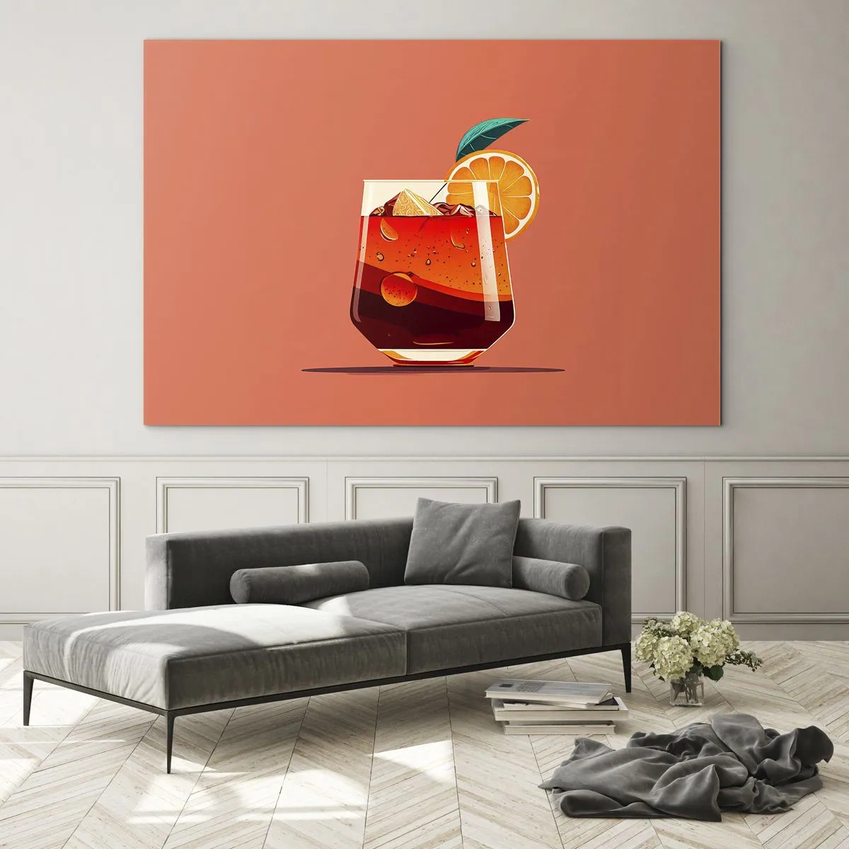 Impression sur verre - Image sur verre - Une boisson colorée à l'orange sur un fond pêche chaud - 120x80cm - Rafraîchissement d'été - Décoration murale moderne pour le salon et la chambre ARTTOR