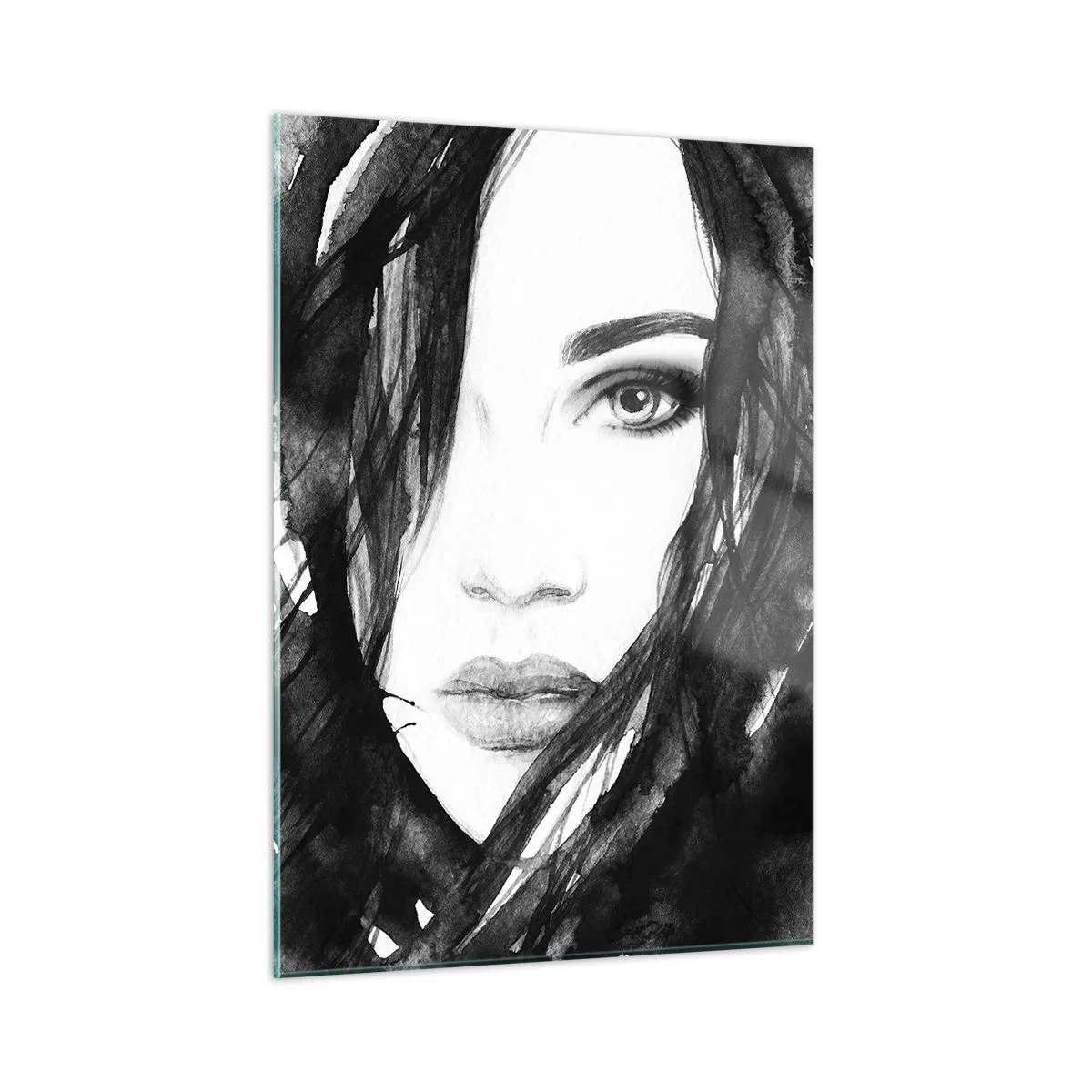 Impression sur verre - Image sur verre - Portraits féminins à l'aquarelle en noir et blanc - 50x70cm - Portrait d'une dame en noir et blanc - Décoration murale moderne pour le salon et la chambre ARTTOR
