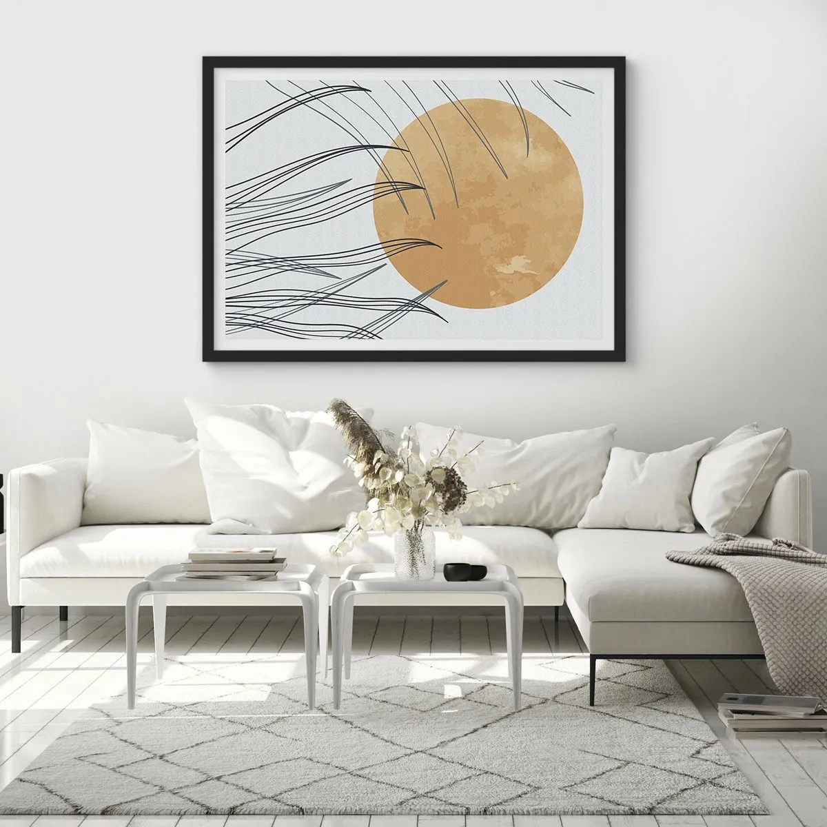 Affiche dans un cadre noir - Poster - Brins d'herbe abstraits sur fond de grand soleil orange - 100x70cm - Toujours vers le soleil - Décoration murale moderne pour le salon et la chambre ARTTOR