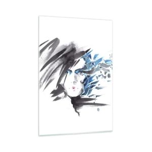 Impression sur verre - Image sur verre - Peinture faciale artistique à l'aquarelle avec des accents bleus - 80x120cm - Portrait sensuel en gris et bleu - Décoration murale moderne pour le salon et la chambre ARTTOR