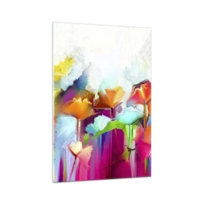 Impression sur verre - Image sur verre - Fleurs colorées abstraites sur fond clair - 70x100cm - L'arc-en-ciel s'est épanoui - Décoration murale moderne pour le salon et la chambre ARTTOR
