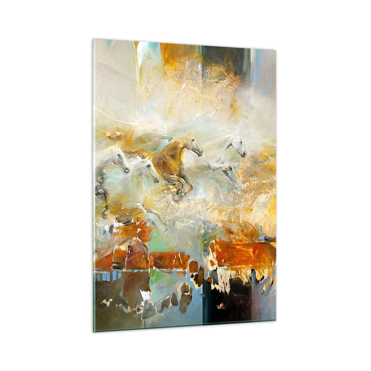 Impression sur verre - Image sur verre - Chevaux abstraits en mouvement dynamique - 50x70cm - Au galop vers la lumière - Décoration murale moderne pour le salon et la chambre ARTTOR