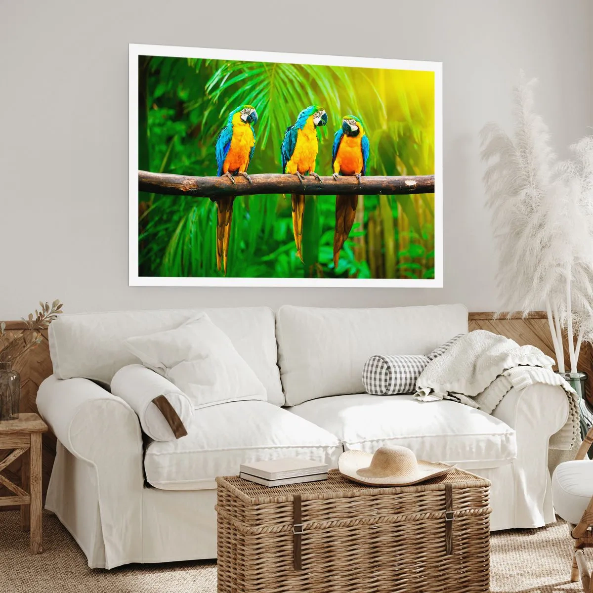 Affiche - Poster - Trois perroquets colorés sur fond de verdure tropicale - 100x70cm - Et avez-vous entendu qu'elle ...? - Décoration murale moderne pour le salon et la chambre ARTTOR