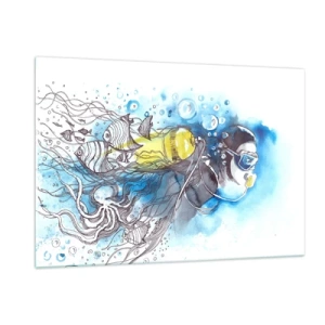 Impression sur verre - Image sur verre - Plongeur sous-marin avec des poissons en aquarelle artistique - 120x80cm - Le grand bleu - Décoration murale moderne pour le salon et la chambre ARTTOR