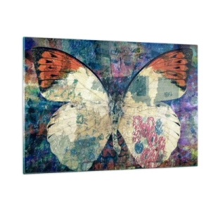 Impression sur verre - Image sur verre - Un papillon coloré sur un fond abstrait dans des tons de bleu et d'orange. - 120x80cm - Fragilité subtile - Décoration murale moderne pour le salon et la chambre ARTTOR