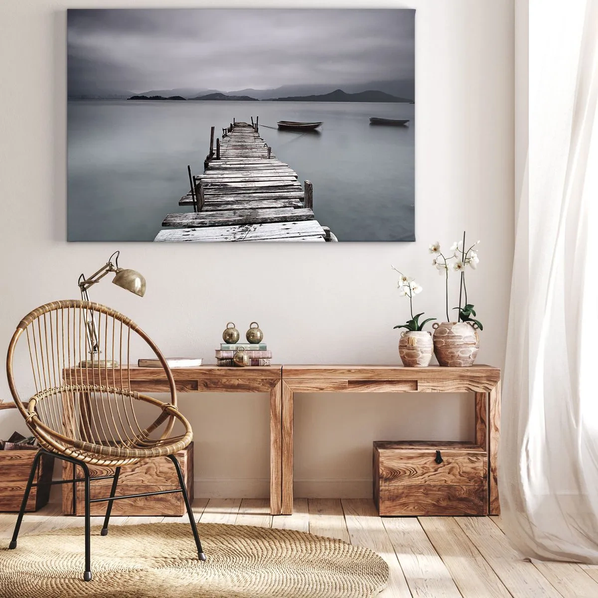 Impression sur toile - Image sur toile - Un pont en bois menant à la surface calme du lac - 100x70cm - Tu peux partir demain - Décoration murale moderne pour le salon et la chambre ARTTOR