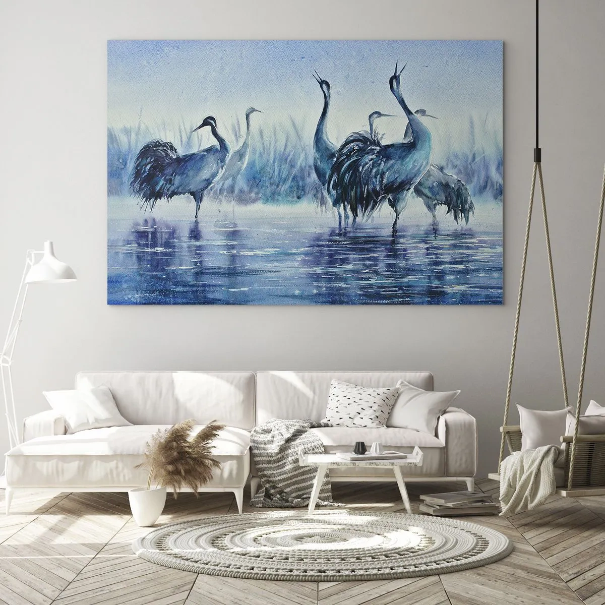 Impression sur verre - Image sur verre - Oiseaux pataugeant dans l'eau bleue - 70x50cm - Réunion matinale - Décoration murale moderne pour le salon et la chambre ARTTOR