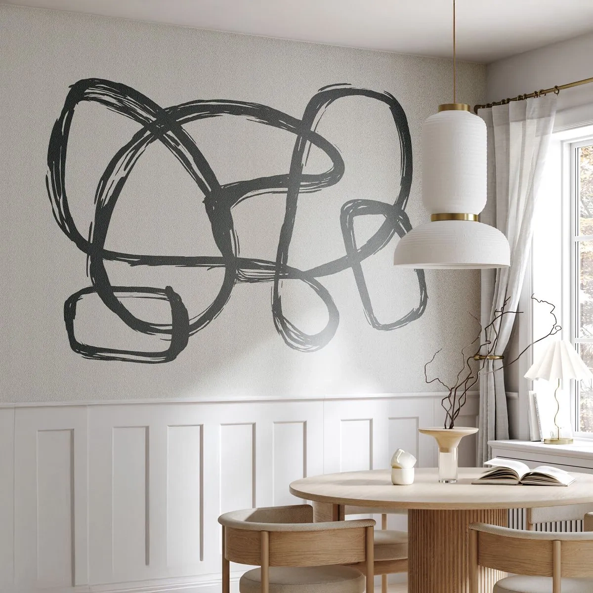 Papier Peint Photo Premium Sand - Ligne abstraite noire formant des boucles sur un fond clair - 100x70cm - Abstraction en boucle - Décoration murale moderne pour le salon et la chambre ARTTOR