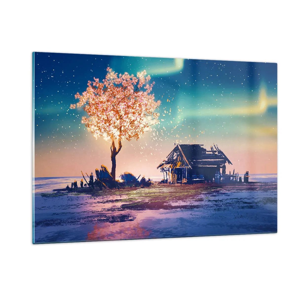 Impression sur verre - Image sur verre - Un paysage magique avec un arbre en fleurs et un chalet - 120x80cm - La nature ne passe pas - Décoration murale moderne pour le salon et la chambre ARTTOR