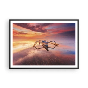 Affiche dans un cadre noir - Poster - Un bateau sur une eau calme au coucher du soleil - 100x70cm - Le calme d'une soirée tropicale - Décoration murale moderne pour le salon et la chambre ARTTOR