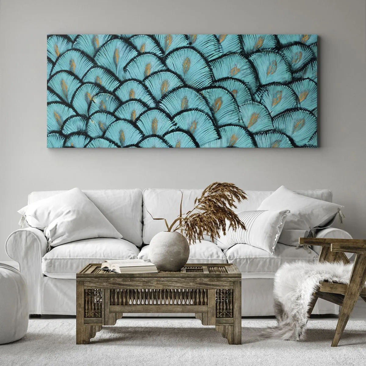 Impression sur toile - Image sur toile - Un motif ressemblant à des écailles turquoise avec des accents dorés - 140x50cm - Le grand gala des plumes - Décoration murale moderne pour le salon et la chambre ARTTOR