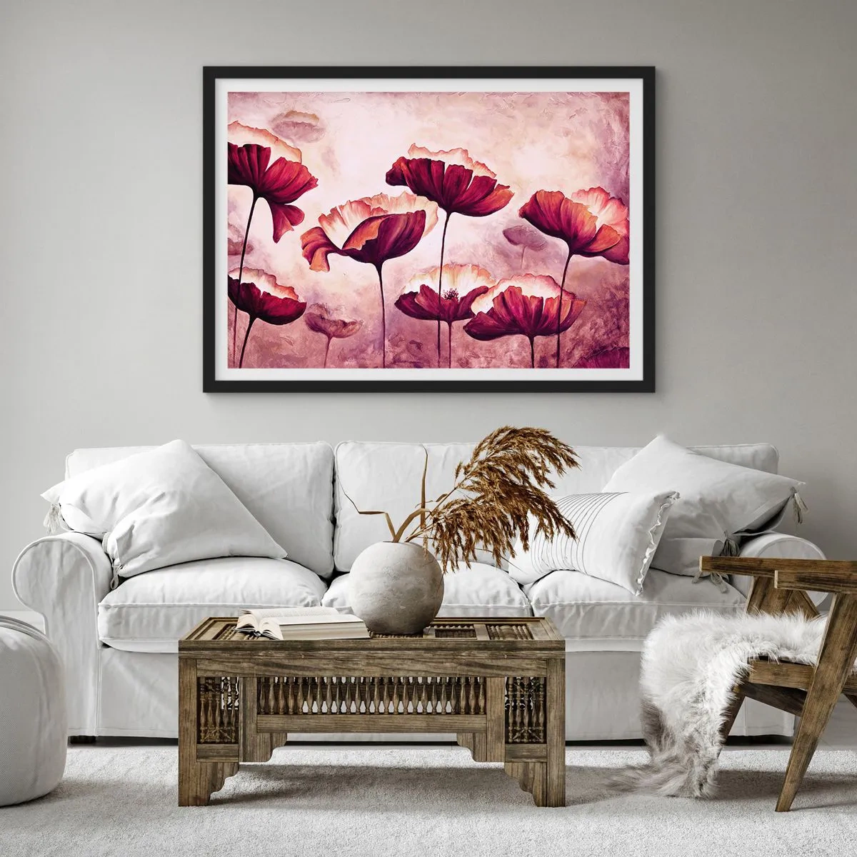 Affiche dans un cadre noir - Poster - Fleurs aux tons rouges et blancs sur un fond subtil - 70x50cm - Pétale rouge et blanc - Décoration murale moderne pour le salon et la chambre ARTTOR