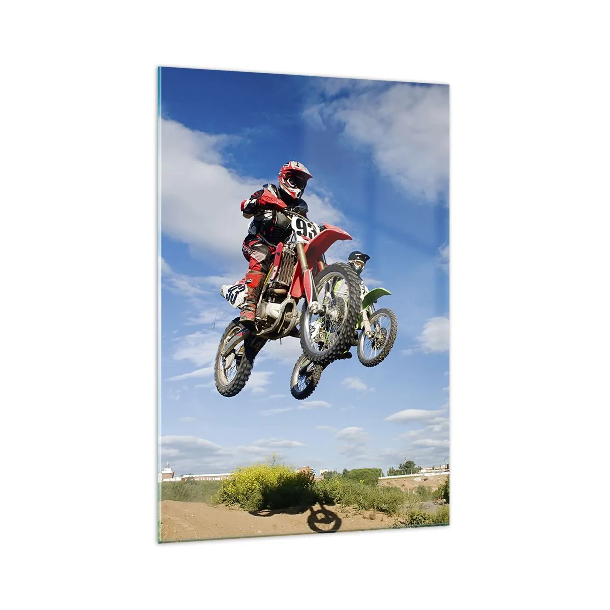 Impression sur verre - Image sur verre - Des pilotes de motocross dans les airs lors d'un saut - 70x100cm - Saut en parachute - Décoration murale moderne pour le salon et la chambre ARTTOR