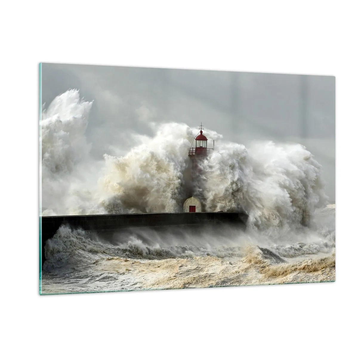 Impression sur verre - Image sur verre - Un phare entouré de vagues puissantes - 120x80cm - La colère de l'océan - Décoration murale moderne pour le salon et la chambre ARTTOR