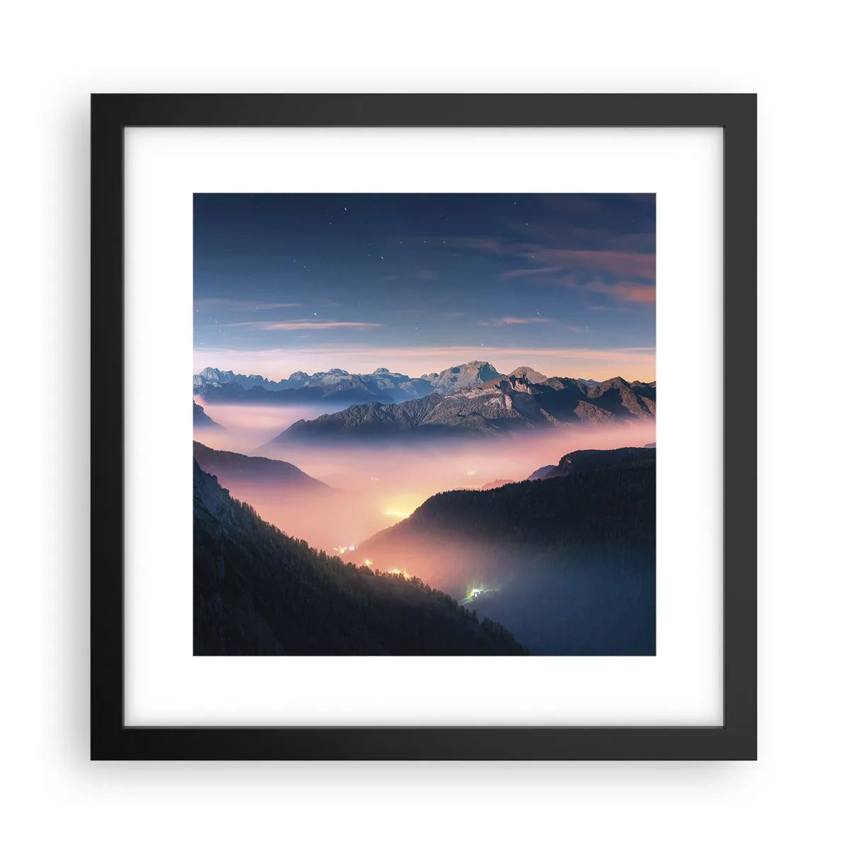 Affiche dans un cadre noir - Poster - Lumière dans les vallées - 30x30 cm