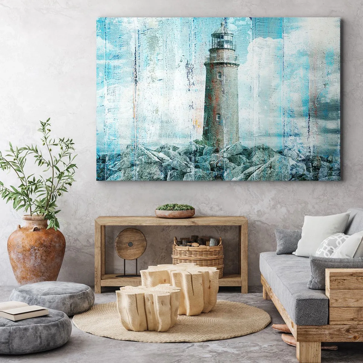 Impression sur toile - Image sur toile - Un phare sur une côte rocheuse aux couleurs pastel - 120x80cm - Sur du vieux bois - Décoration murale moderne pour le salon et la chambre ARTTOR
