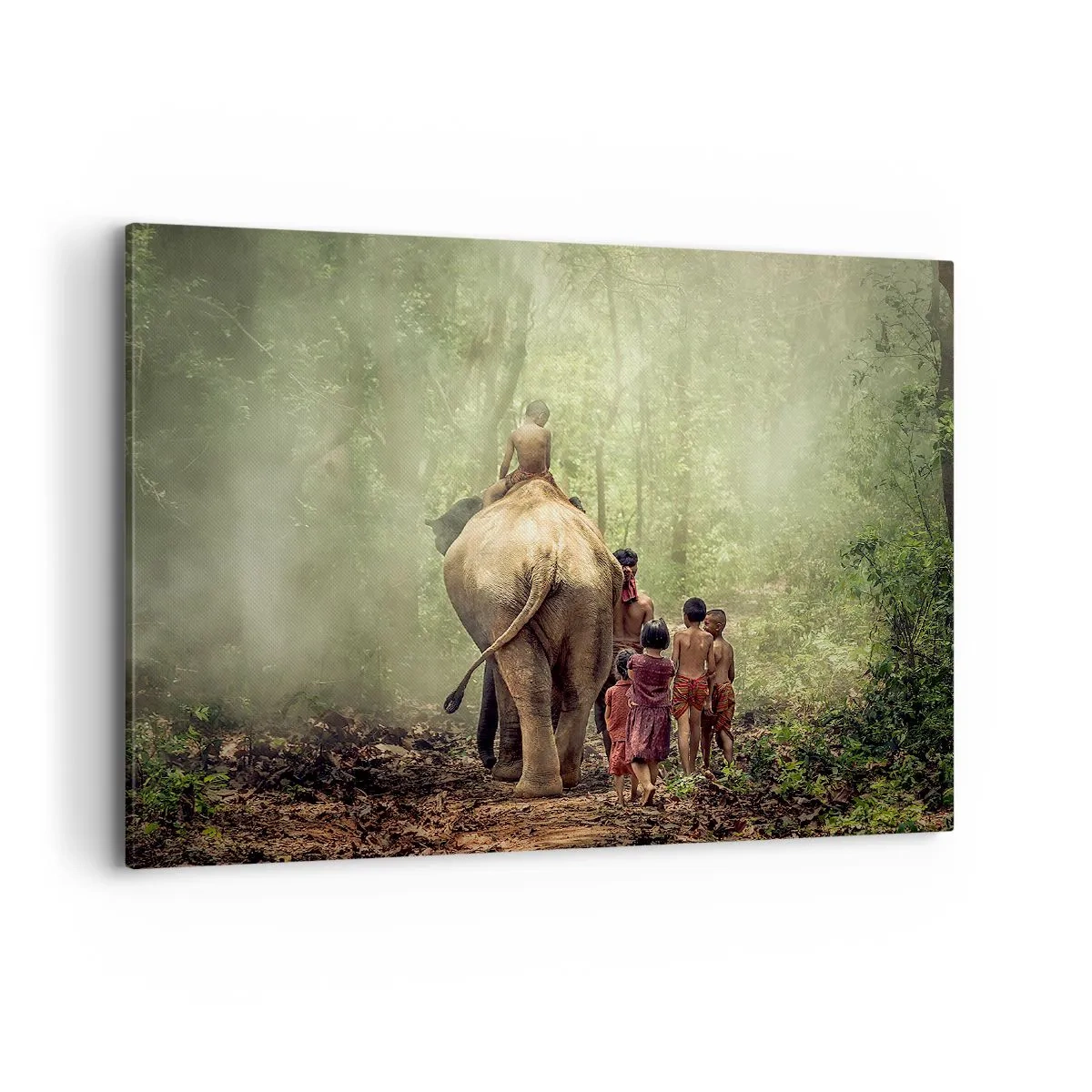 Impression sur toile - Image sur toile - Enfants avec un éléphant dans une forêt verte à la lumière du matin - 100x70cm - Nouveau livre de la jungle - Décoration murale moderne pour le salon et la chambre ARTTOR