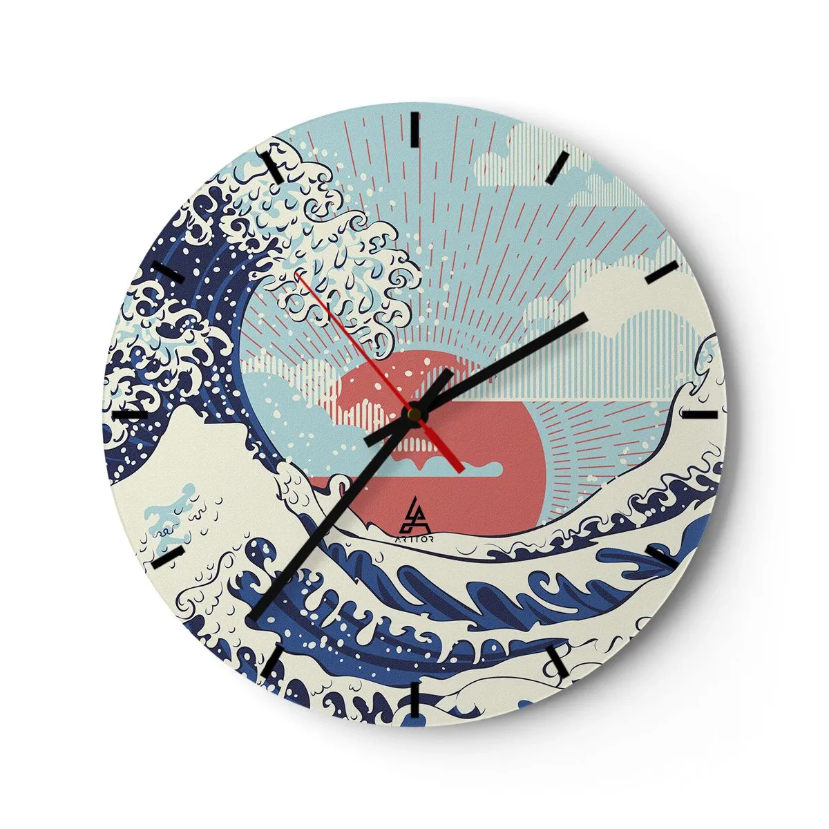 Horloge murale - Pendule murale - Vague japonaise sur fond de soleil couchant - 30x30cm - D'une inspiration japonnaise - Décoration murale moderne pour le salon, la cuisine et la chambre ARTTOR