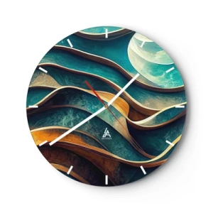Horloge murale - Pendule murale - Vagues abstraites de bleu et de marron avec un effet 3D - 30x30cm - Méandres de bleu - Décoration murale moderne pour le salon, la cuisine et la chambre ARTTOR