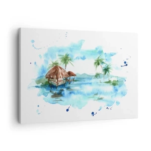 Impression sur toile - Image sur toile - Aquarelle représentant un paysage tropical avec des maisons et des palmiers - 70x50cm - Quelque part dans le Pacifique - Décoration murale moderne pour le salon et la chambre ARTTOR