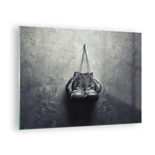 Impression sur verre - Image sur verre - Gants de boxe noirs accrochés au mur - 70x50cm - Un temps pour se battre et un temps pour la paix - Décoration murale moderne pour le salon et la chambre ARTTOR