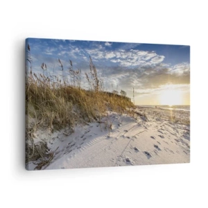 Impression sur toile - Image sur toile - Dunes avec de l'herbe et des empreintes de pas dans le sable au coucher du soleil - 70x50cm - Invitation à la ballade - Décoration murale moderne pour le salon et la chambre ARTTOR