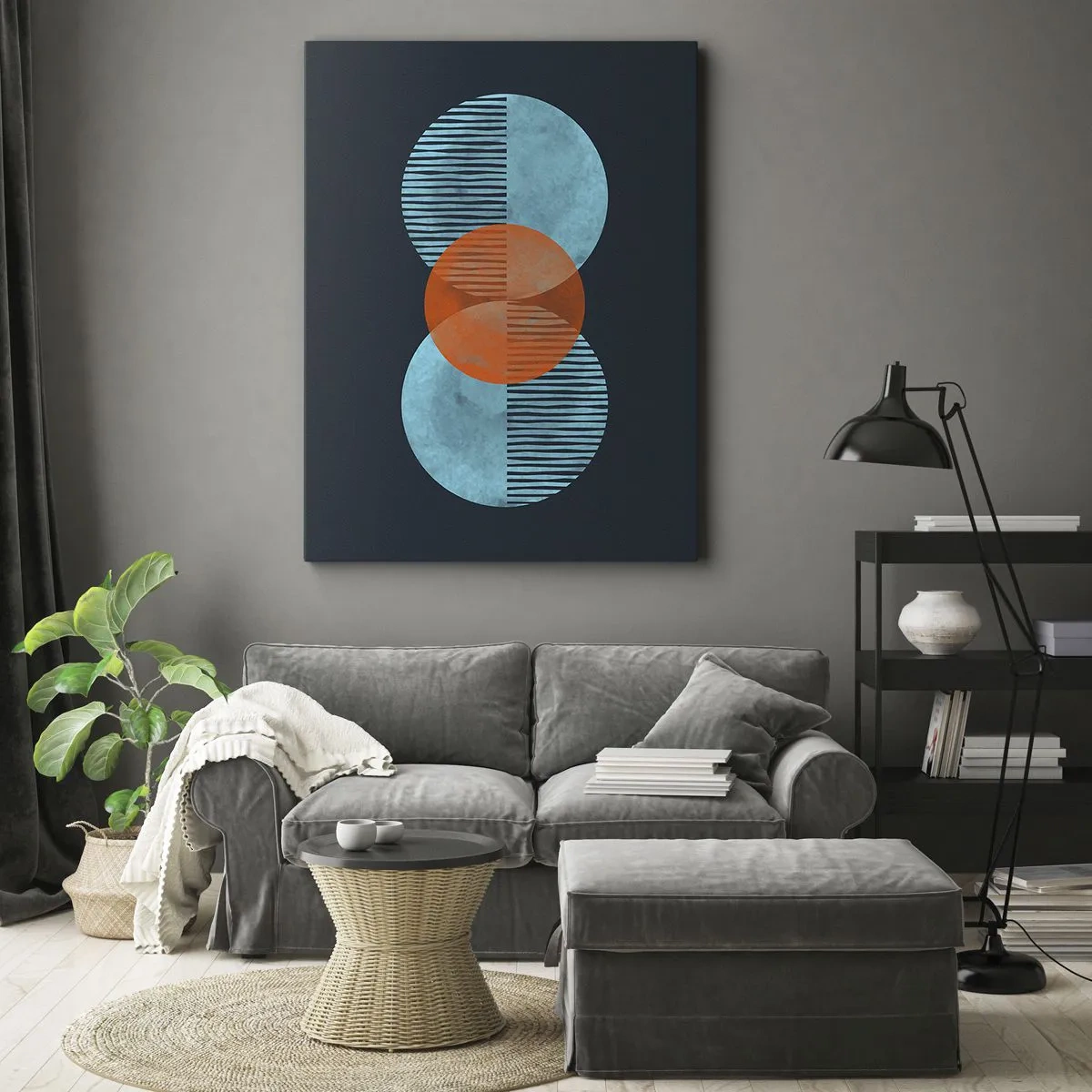 Impression sur toile - Image sur toile - Cercles géométriques dans les tons bleu et orange - 50x70cm - Composition symétrique - Décoration murale moderne pour le salon et la chambre ARTTOR