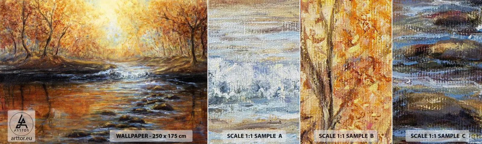 Échantillon de Papier Peint Premium Canvas - Le ruisseau d'or - Paysage, ruisseau de montagne, Forêt - 100x30 cm
