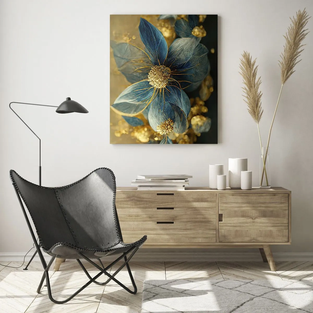 Impression sur verre - Image sur verre - Fleurs bleues et dorées avec une sensation luxueuse - 50x70cm - Fleurir avec de l'or - Décoration murale moderne pour le salon et la chambre ARTTOR