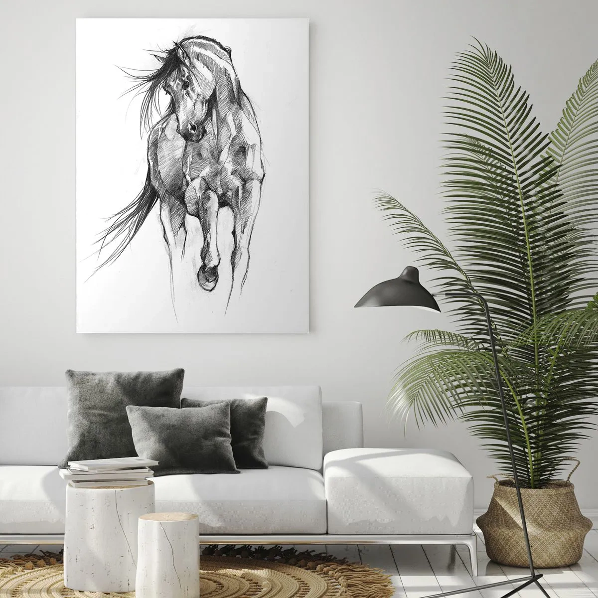 Impression sur verre - Image sur verre - Croquis en noir et blanc d'un cheval au galop - 70x100cm - D'un trot gracieux - Décoration murale moderne pour le salon et la chambre ARTTOR