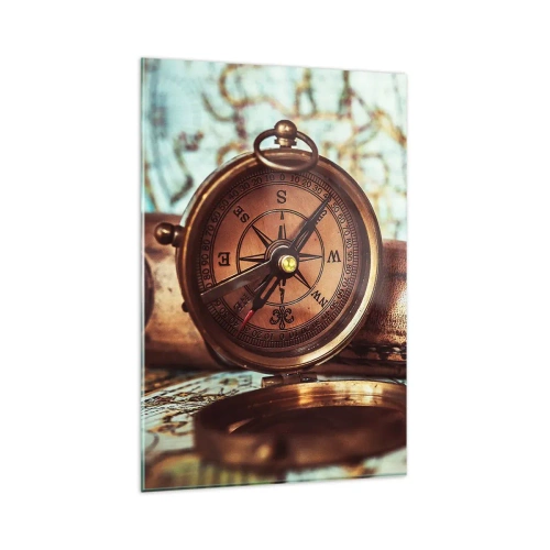 Impression sur verre - Image sur verre - Un ensemble rétro avec une boussole, un télescope et une carte sur le thème du voyage - 80x120cm - Une aventure de pirates dans les Caraïbes vous attend - Décoration murale moderne pour le salon et la chambre ARTTO