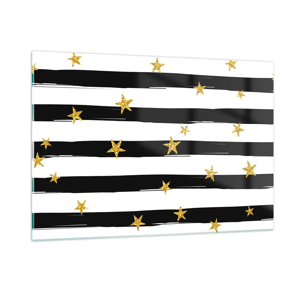 Impression sur verre - Image sur verre - Rayures noires et blanches avec étoiles dorées - 120x80cm - Nous sommes tous nés sous une bonne étoile - Décoration murale moderne pour le salon et la chambre ARTTOR