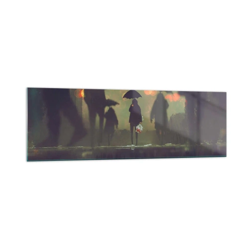 Impression sur verre - Image sur verre - Une silhouette avec un parapluie un soir pluvieux parmi les lumières de la ville - 160x50cm - Du point de vue d'une goutte de pluie - Décoration murale moderne pour le salon et la chambre ARTTOR