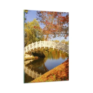 Impression sur verre - Image sur verre - Un pont dans un parc entouré de feuilles d'automne sur une eau calme - 80x120cm - Sur le pont blanc des soupirs - Décoration murale moderne pour le salon et la chambre ARTTOR