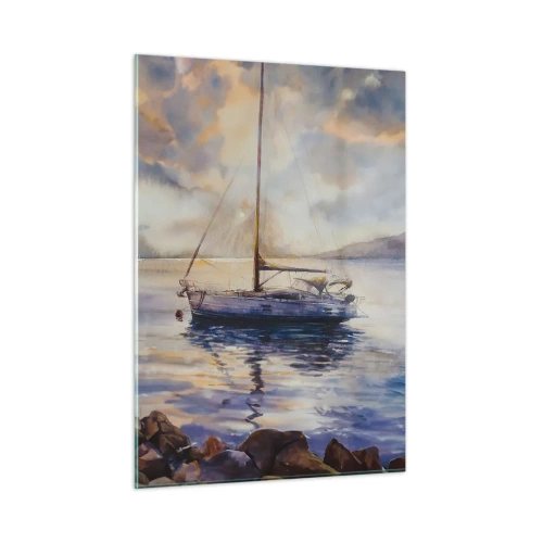 Impression sur verre - Image sur verre - Un yacht amarré dans une baie tranquille au crépuscule - 50x70cm - Soirée sur la baie - Décoration murale moderne pour le salon et la chambre ARTTOR