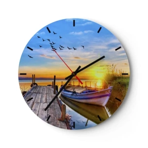 Horloge murale - Pendule murale - Un bateau à quai avec le coucher de soleil en toile de fond - 30x30cm - Au revoir, à demain - Décoration murale moderne pour le salon, la cuisine et la chambre ARTTOR