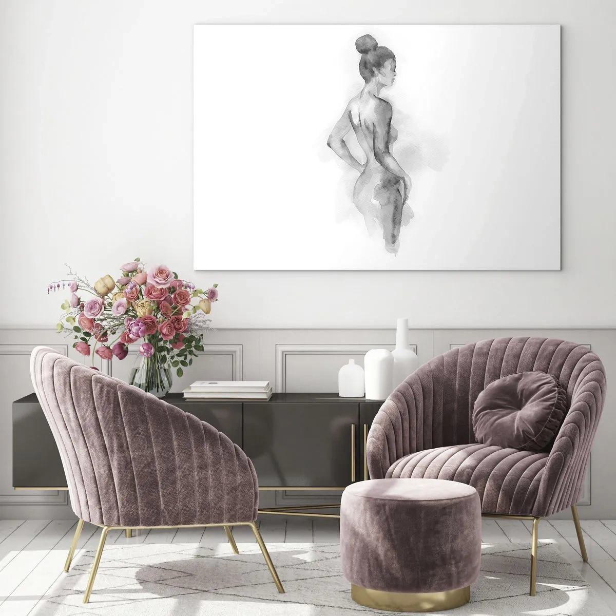 Impression sur verre - Image sur verre - Une silhouette féminine subtile peinte à l'aquarelle sur fond blanc - 120x80cm - Belle comme une peinture - Décoration murale moderne pour le salon et la chambre ARTTOR