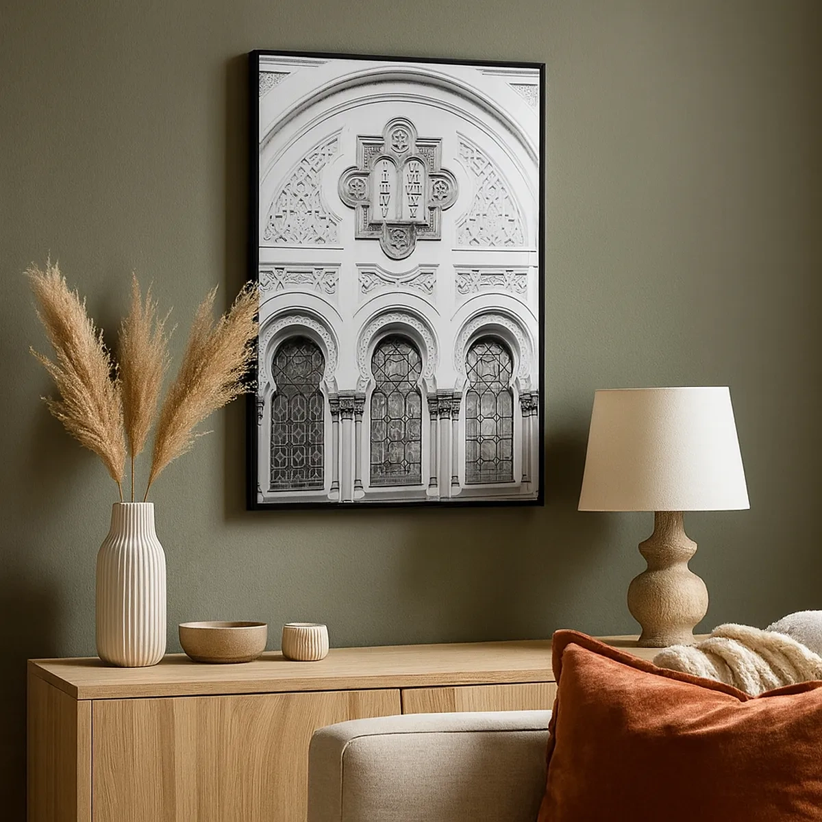 Impression sur toile - Image sur toile - Détails architecturaux de la façade dans un style monochrome - 50x70cm - À la frontière des cultures - Décoration murale moderne pour le salon et la chambre ARTTOR