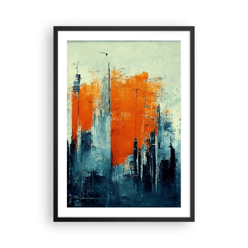 Affiche dans un cadre noir - Poster - Panorama urbain abstrait dans les tons orange et bleu marine - 50x70cm - Paysage moderne - Décoration murale moderne pour le salon et la chambre ARTTOR