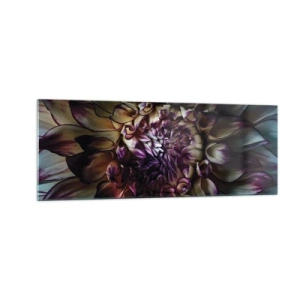 Impression sur verre - Image sur verre - Gros plan d'une fleur de dahlia dans des tons sombres - 140x50cm - L'apogée de la jeunesse - Décoration murale moderne pour le salon et la chambre ARTTOR